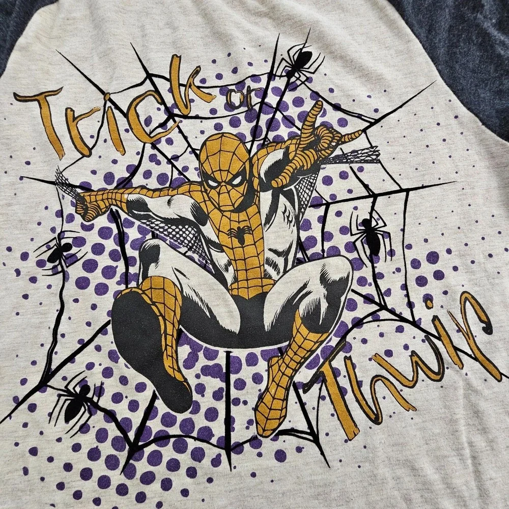 Trick or Thwip Spiderman Halloween Beige/Gray Short Sleeve T-Shirt Boys L(10/12)